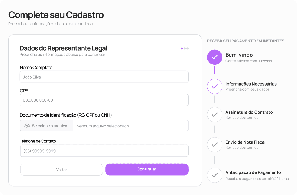Formulário de cadastro de dados preenchido pelo creator na Pora