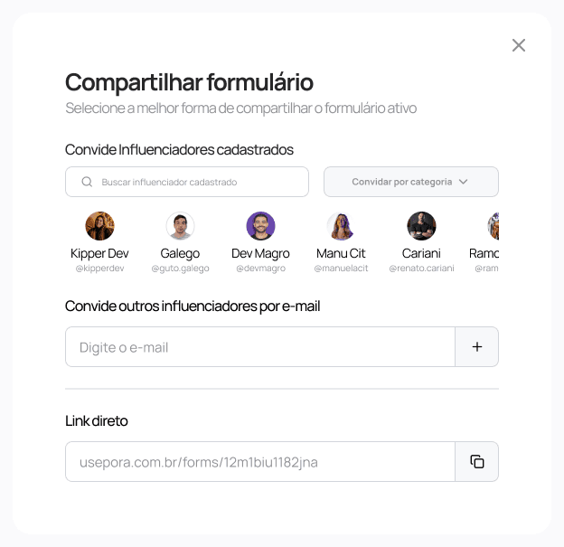 Tela de convite de influenciadores para a campanha na Pora