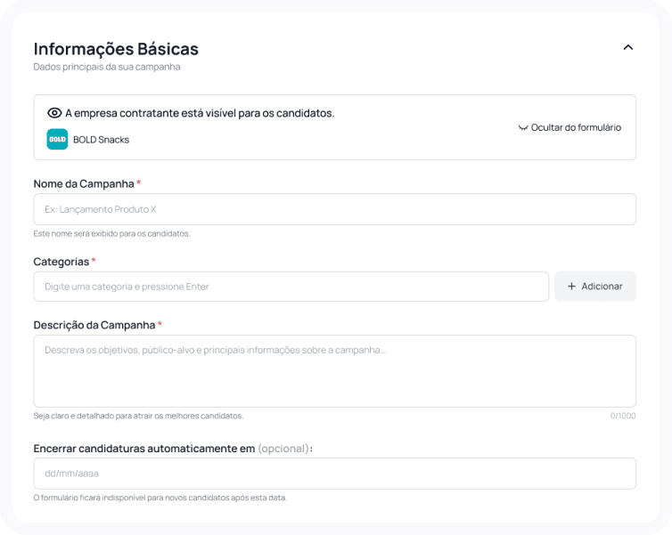 Tela de configuração do formulário de casting na Pora